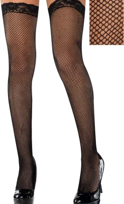 Adult Black Fishnet Thigh-High Stockings with Lace Top