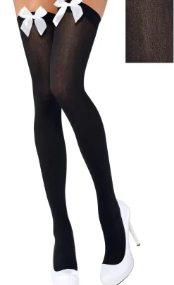 Adult Black Thigh-High Stockings with White Bows