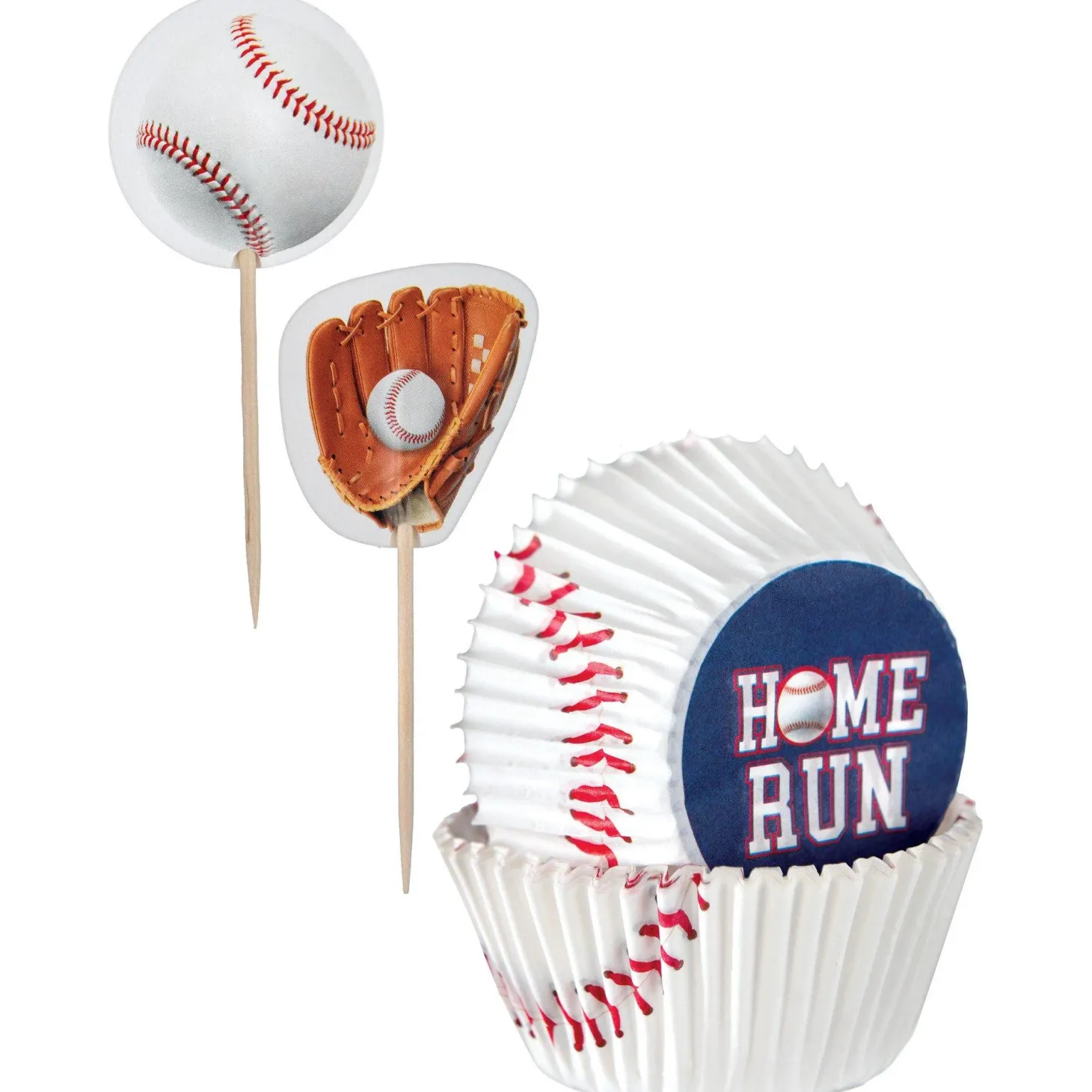 Baseball Home Run Cupcake Wrappers & Picks 48ct