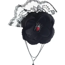 Black Lace, Satin & Velour Flower Hairclip with Spider & Chains