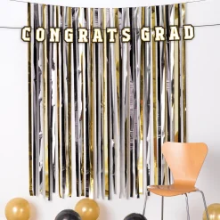 Black, Silver, & Gold Congrats Graduation Fringe Curtain Backdrop Kit, 4ft x 6ft, 2pc
