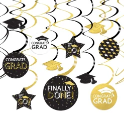 Black, Silver, & Gold Congrats Grad Cardstock Swirl Decorations, 30pc