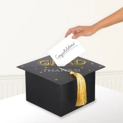 Black, Silver, & Gold Grad Cap Card Box, 8in x 5.83in