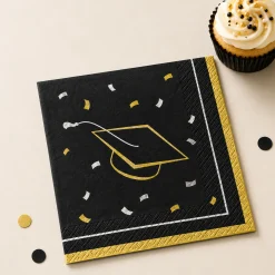 Black, Silver & Gold Grad Cap & Confetti Paper Beverage Napkins, 5in, 40ct - Class Dismissed