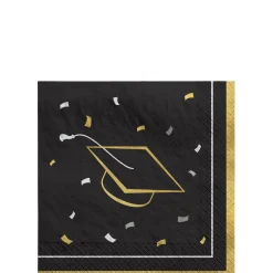Black, Silver & Gold Grad Cap & Confetti Paper Beverage Napkins, 5in, 40ct - Class Dismissed