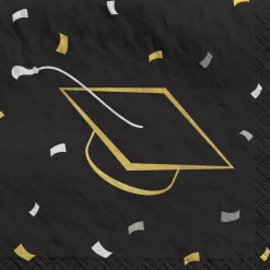 Black, Silver & Gold Grad Cap & Confetti Paper Beverage Napkins, 5in, 40ct - Class Dismissed