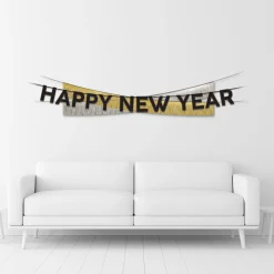 Black, Silver & Gold Happy New Year Cardstock & Tinsel Banner Set, 3pc