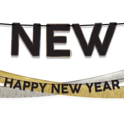 Black, Silver & Gold Happy New Year Cardstock & Tinsel Banner Set, 3pc