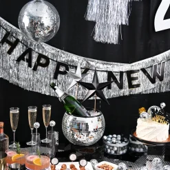Black, Silver & Gold Happy New Year Cardstock & Tinsel Banner Set, 3pc