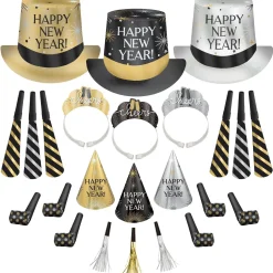 Black, Silver, Gold New Year's Eve Party Kit, Multiple Counts