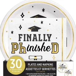 Black, White, & Gold PhD Graduation Lunch Plates (9in) & Lunch Napkins (6.5in) for 30 Guests