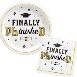 Black, White, & Gold PhD Graduation Lunch Plates (9in) & Lunch Napkins (6.5in) for 30 Guests
