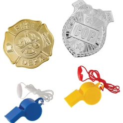 Firefighter & Police Officer Badges & Whistles, 12 Sets, 24pc - First Responders