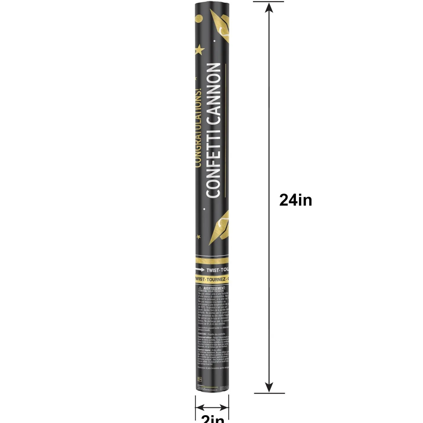 Giant Black, Silver, & Gold Graduation Confetti Cannon, 2in x 24in