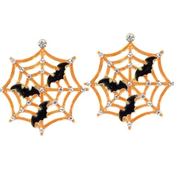 Glow-in-the-Dark Orange Spiderweb & Black Bat Earrings