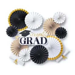 Gold & White Graduation Paper Fan Decorating Kit, 6pc