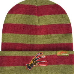 Green & Red Embroidered Freddy Krueger Glove Striped Acrylic Knit Beanie - A Nightmare on Elm Street