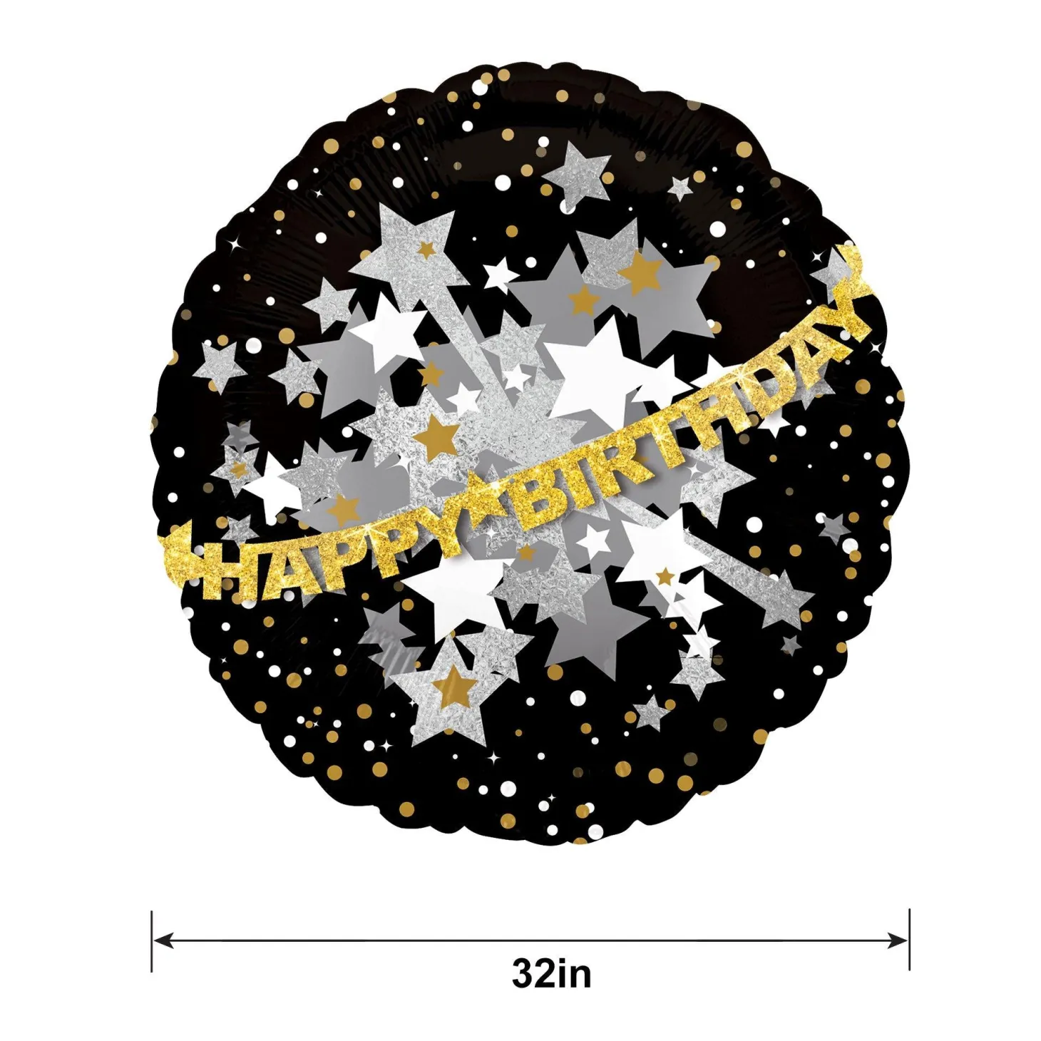 Happy Birthday Balloon - Prismatic Black, Gold & Silver, 32in