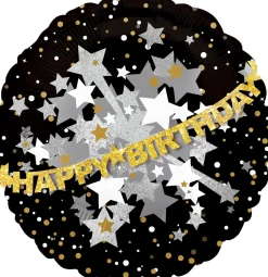 Happy Birthday Balloon - Prismatic Black, Gold & Silver, 32in