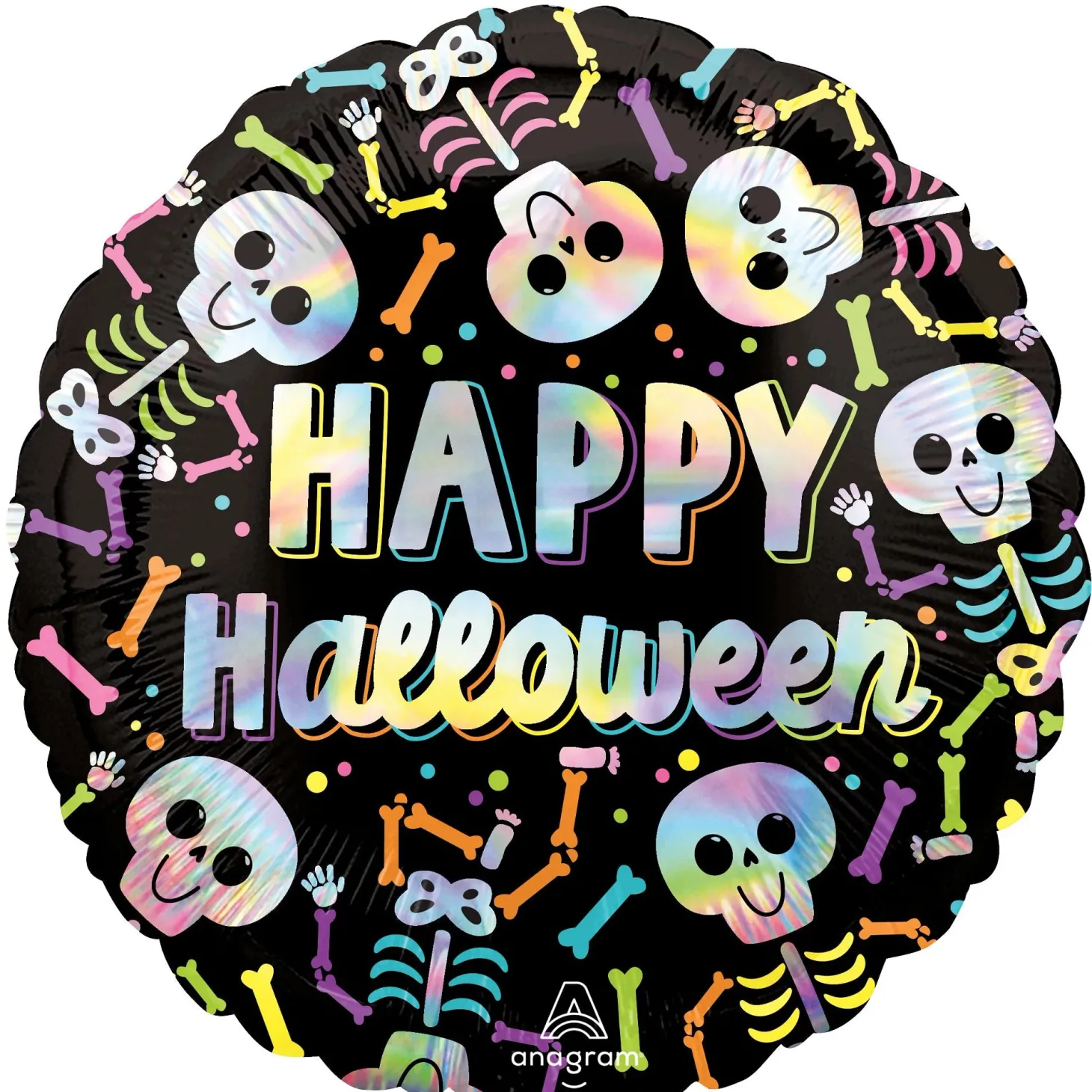 Happy Halloween Holographic Skulls & Bones Foil Balloon, 18in