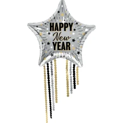 Happy New Year Star Foil Balloon (25in) with Fringe (25in) - Elegant New Year Celebration