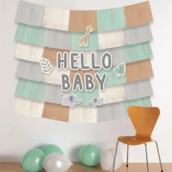Hello Baby Soft Jungle Baby Shower Fringe Banner Backdrop with Cutouts, 5ft x 4.8ft