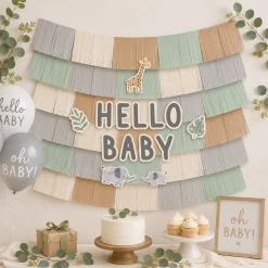 Hello Baby Soft Jungle Baby Shower Fringe Banner Backdrop with Cutouts, 5ft x 4.8ft