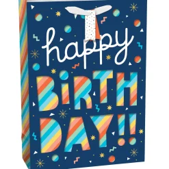 Large Happy Birthday Rainbow Stripe Cutout Paper Gift Bag, 12.5in x 17in