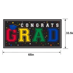Multicolor Congrats Grad Plastic Banner, 65in x 33.5in