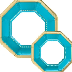 Octoganal Premium Paper Dinner (10.25in) & Dessert (7.5in) Plates with Color Border, 20ct, Assorted Colors