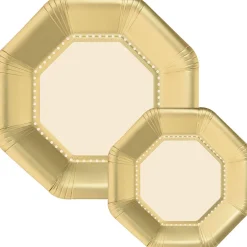 Octoganal Premium Paper Dinner (10.25in) & Dessert (7.5in) Plates with Color Border, 20ct, Assorted Colors