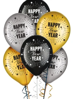 15pc, 11in, Black, Silver & Gold Happy New Year Latex Balloons
