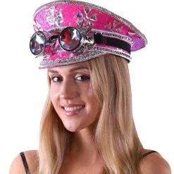 Pink Sequin Music Festival Captain Hat with Spike Stud Kaleidoscope Goggles