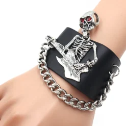 Rock Skeleton Faux Leather & Metal Wrist Cuff with Chain