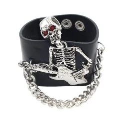 Rock Skeleton Faux Leather & Metal Wrist Cuff with Chain