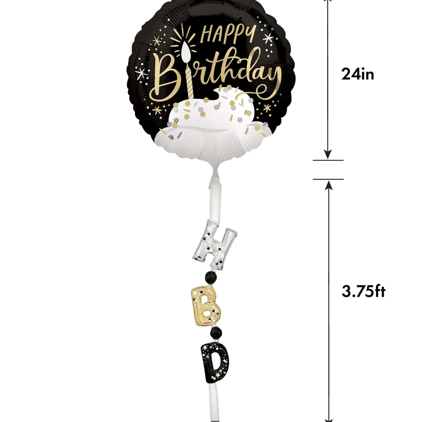 Satin Black, Silver & Gold Happy Birthday Foil Balloon (24in) with Balloon Tail (3.75ft)