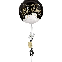 Satin Black, Silver & Gold Happy Birthday Foil Balloon (24in) with Balloon Tail (3.75ft)