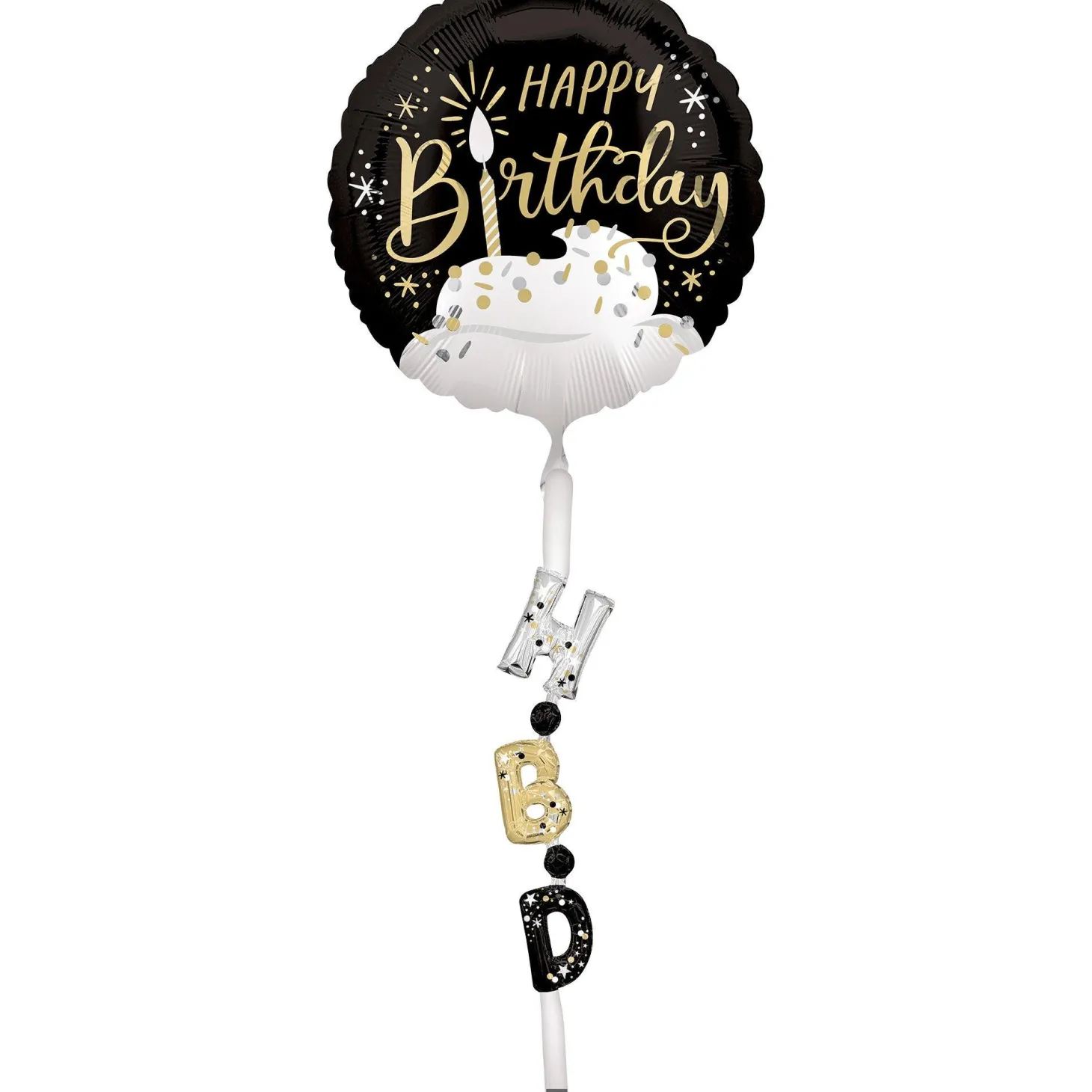 Satin Black, Silver & Gold Happy Birthday Foil Balloon (24in) with Balloon Tail (3.75ft)