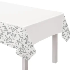 Silver & White 25th Anniversary Plastic Table Cover, 54in x 102in