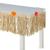 Tan Faux Grass Tissue Paper Fringe Table Skirt with Multicolor Fabric Flowers, 9ft x 15in