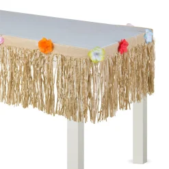 Tan Faux Grass Tissue Paper Fringe Table Skirt with Multicolor Fabric Flowers, 9ft x 15in