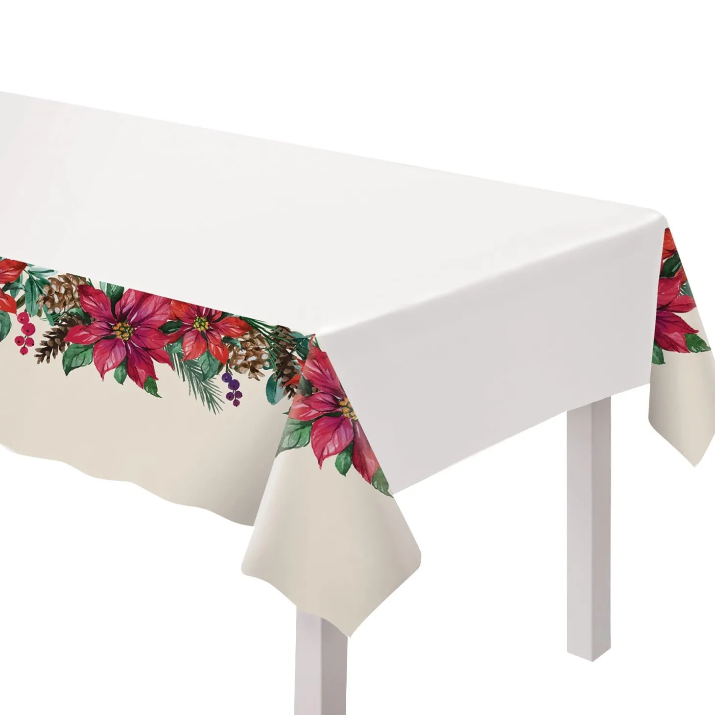 Traditional Poinsettia Plastic Tablecover, 1pc 54 x 102in