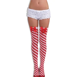 Women's Red and White Striped Candy Cane Thigh High Stockings